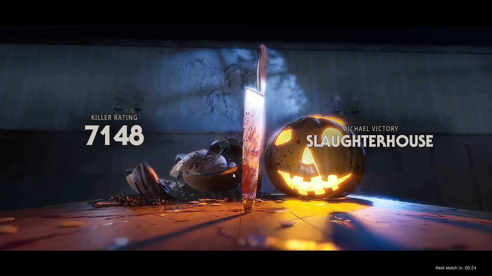The Halloween: The Game end-of-match screen showing KILLER RATING 7148 with MICHAEL VICTORY on the SLAUGHTERHOUSE map
