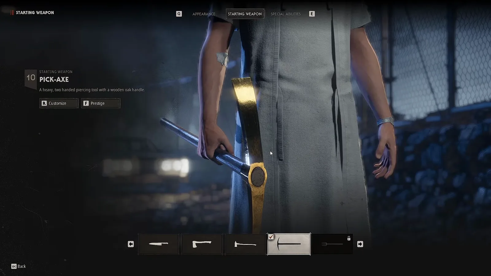 The Halloween: The Game STARTING WEAPON panel for the owned PICK-AXE printing its description instead of an unlock requirement