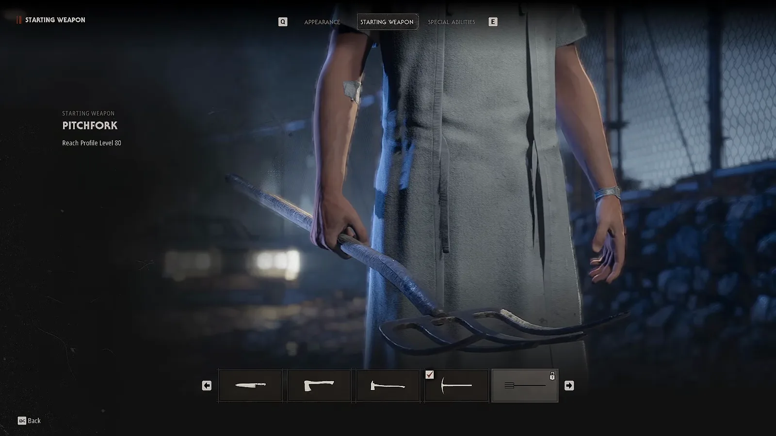 A Halloween: The Game STARTING WEAPON panel for the locked PITCHFORK stating Reach Profile Level 80 while the equipped Pick-Axe is still held on screen