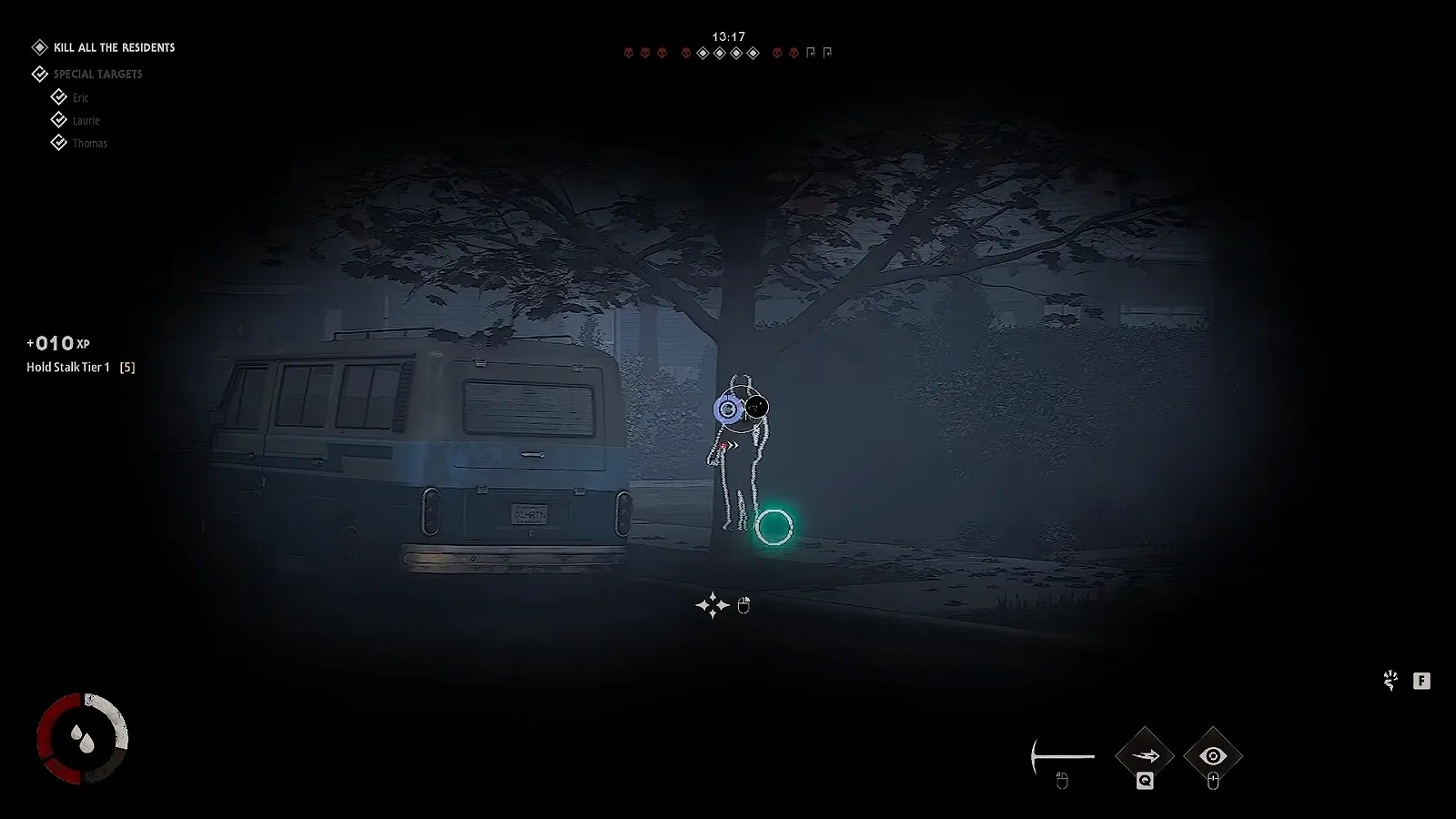 A +010 XP popup in Halloween: The Game where the only breakdown line is Hold Stalk Tier 1 followed by a repeat counter reading 5