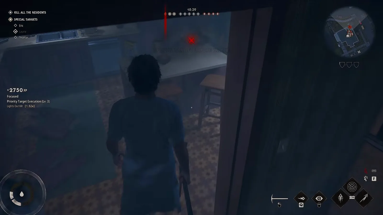 A +2750 XP award popup in Halloween: The Game listing Focused, Priority Target Execution at level 3 and Lights Out Kill at a 1.02x multiplier on the Killer HUD