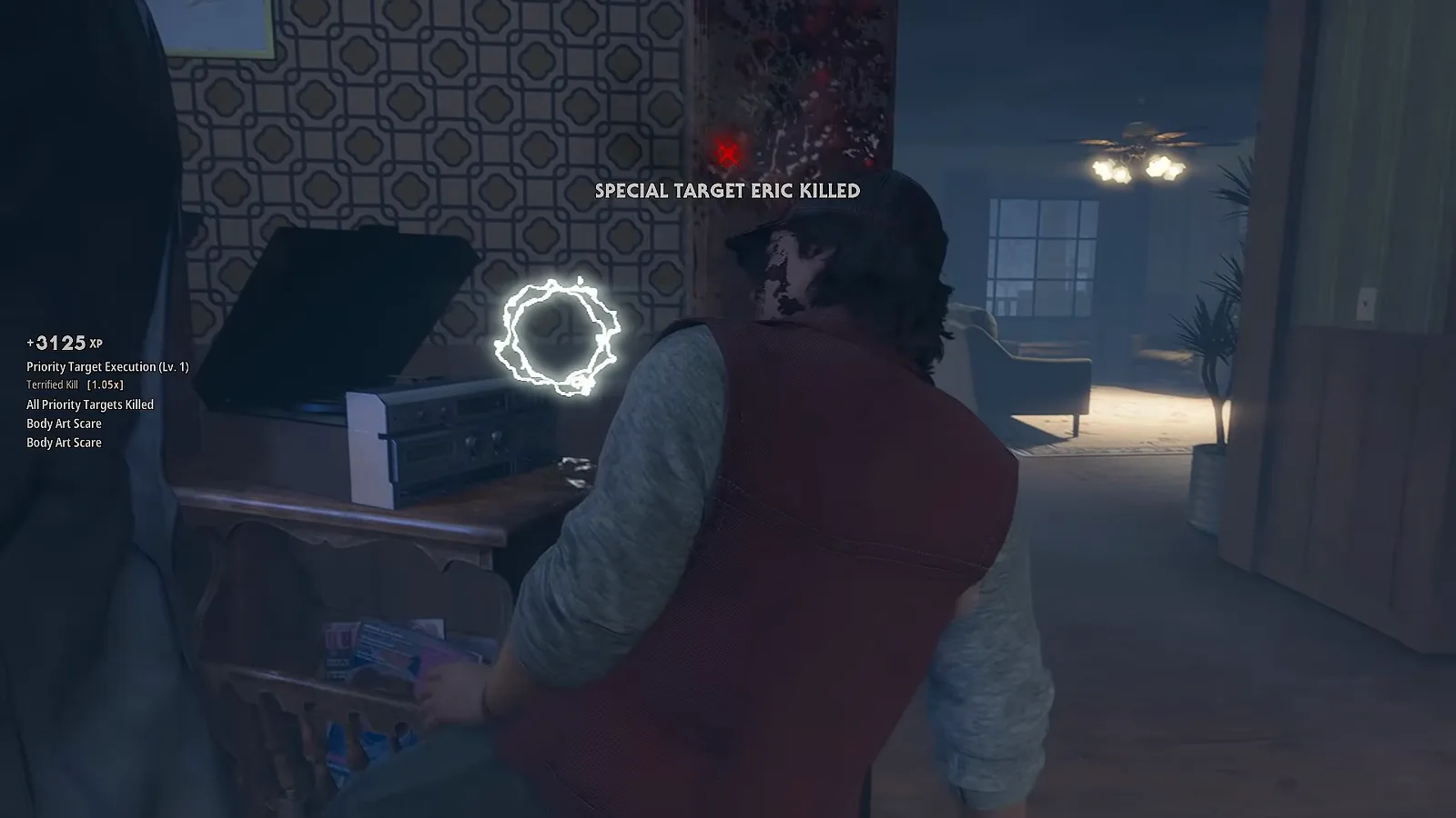 A Halloween: The Game showing a +3125 XP popup with Priority Target Execution, Terrified Kill, All Priority Targets Killed and two Body Art Scare lines beneath a SPECIAL TARGET ERIC KILLED banner