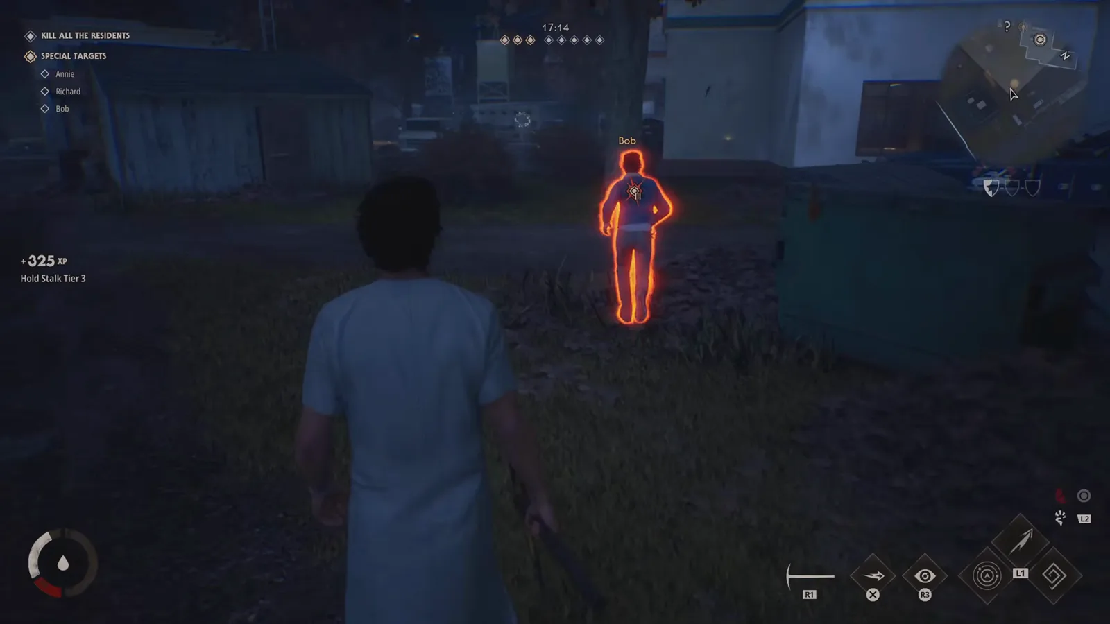 A Halloween: The Game Killer HUD awarding +325 XP from a single Hold Stalk Tier 3 line beside the SPECIAL TARGETS objective list