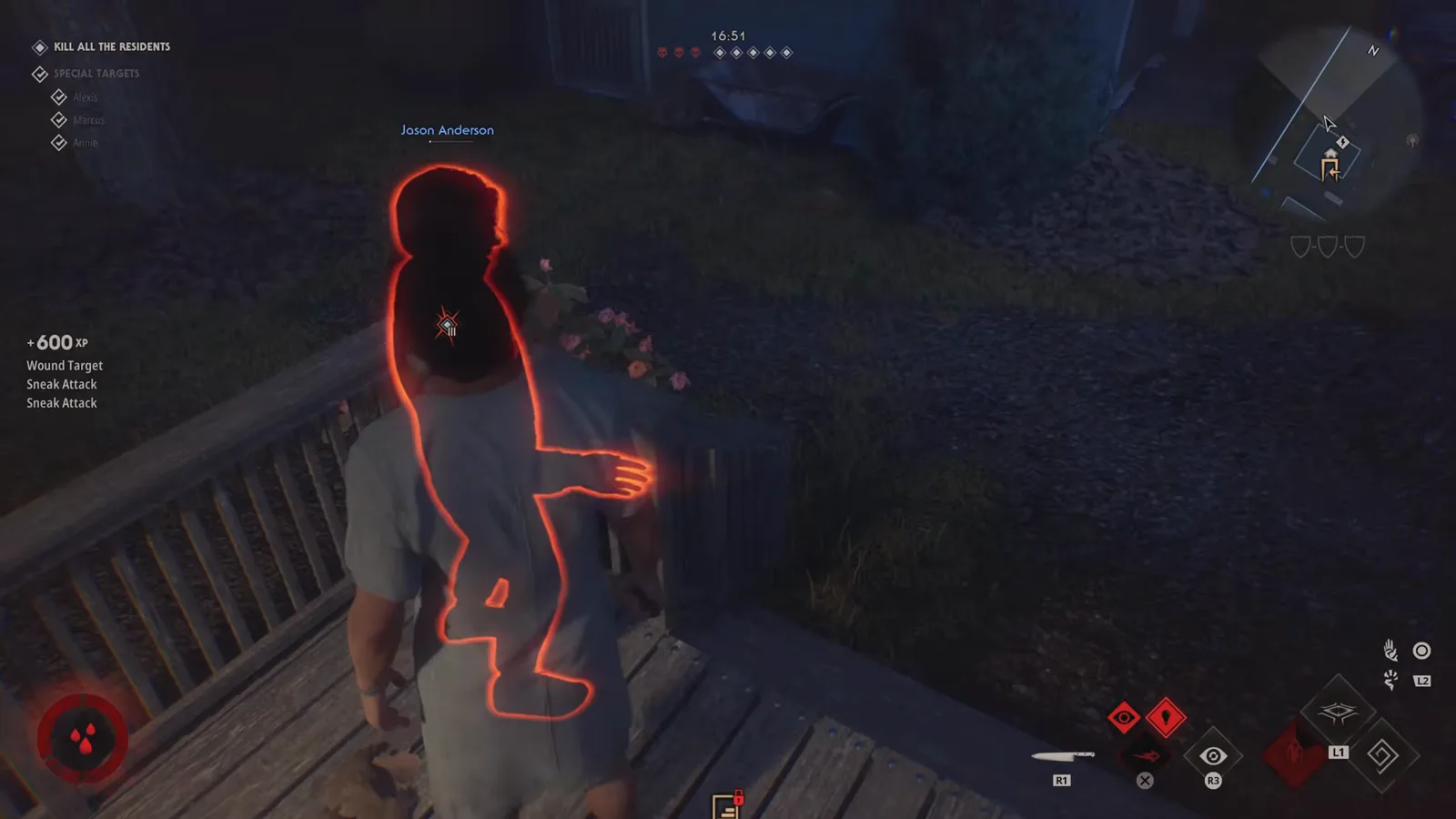 A +600 XP award in Halloween: The Game broken down as Wound Target plus two Sneak Attack lines while Michael Myers grabs a highlighted resident on a porch