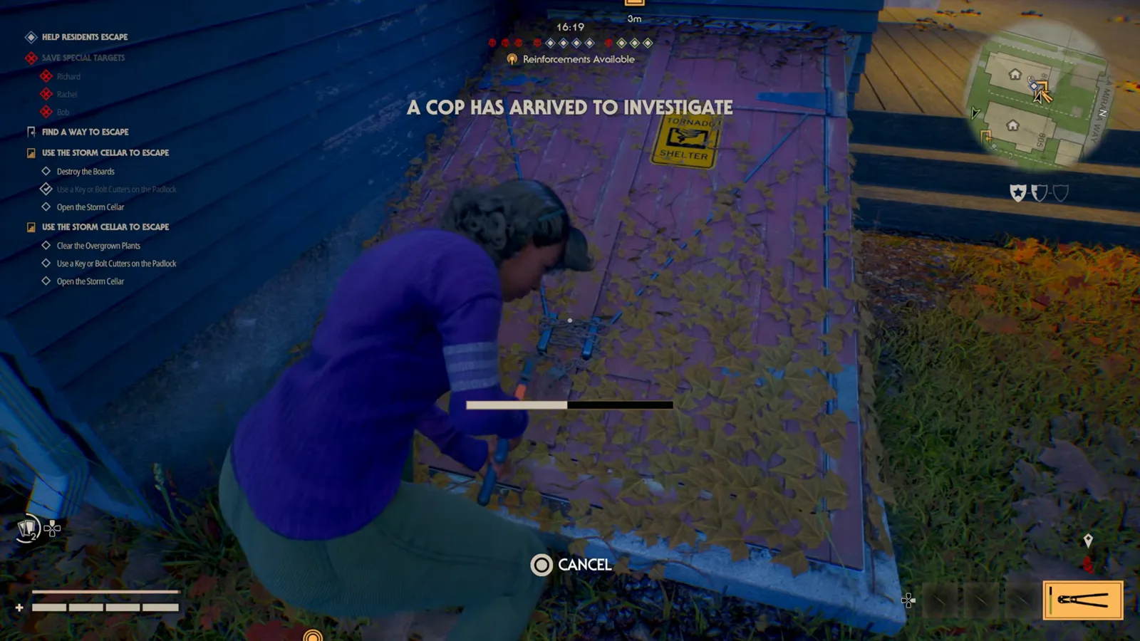 A Civilian clearing overgrown plants off a storm cellar hatch while a COP HAS ARRIVED TO INVESTIGATE banner crosses the top of the screen