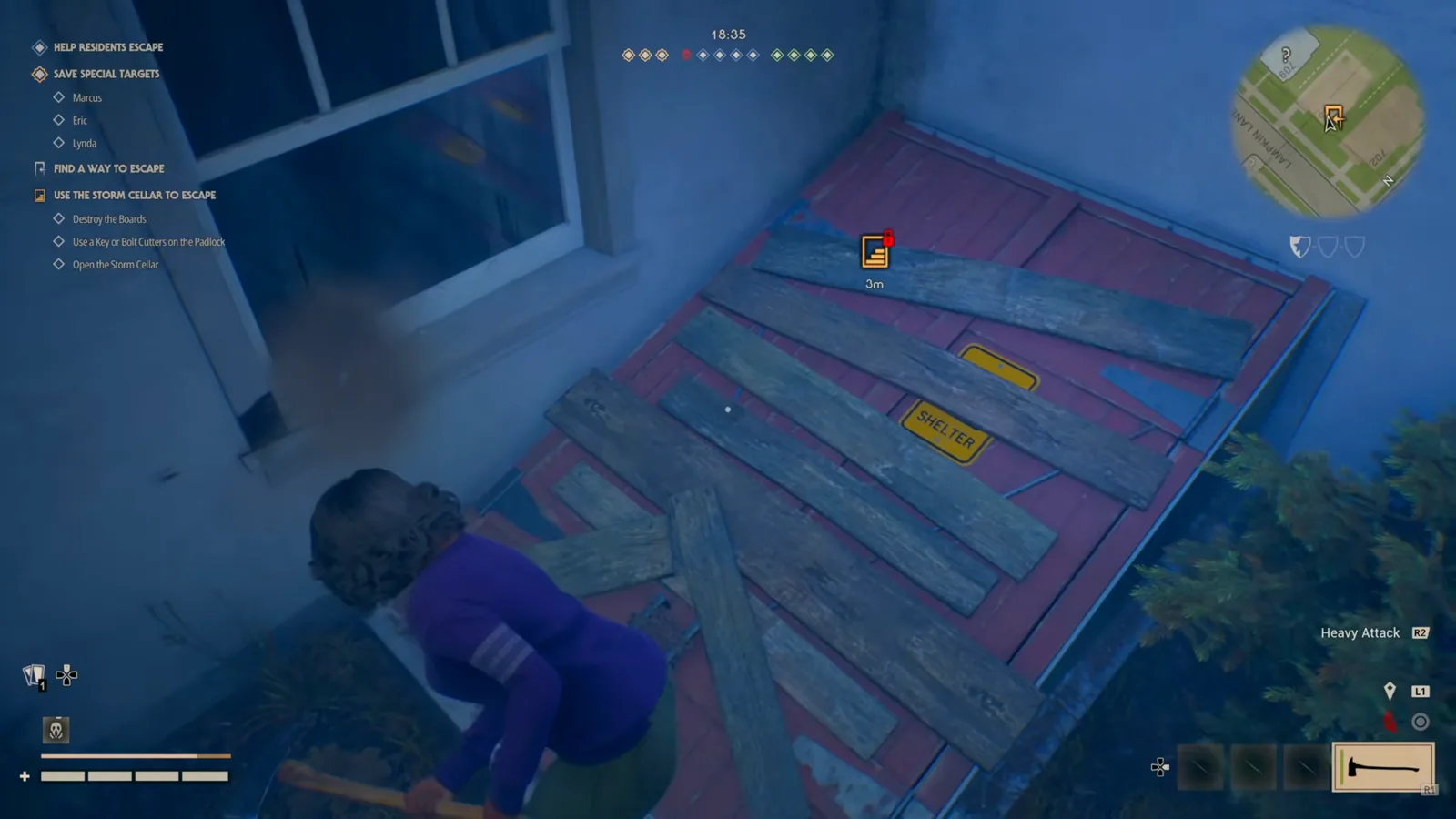 A boarded storm cellar hatch with a yellow SHELTER sign and a padlock marker three metres away as the objective lists Destroy the Boards and Use a Key or Bolt Cutters