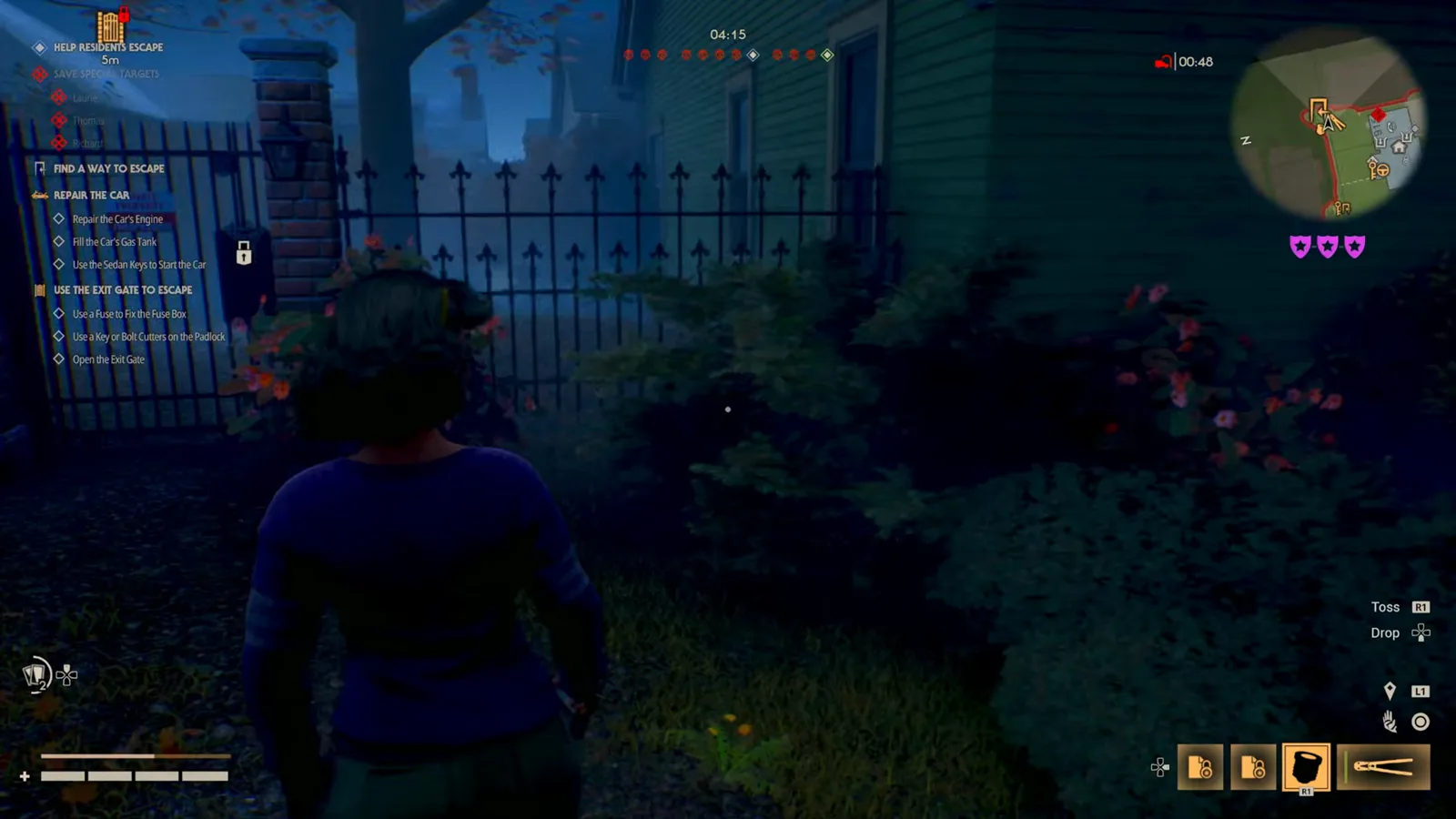 A Civilian facing a spiked perimeter fence as the HUD lists both the Repair the Car steps and the Use the Exit Gate to Escape steps requiring a fuse and bolt cutters