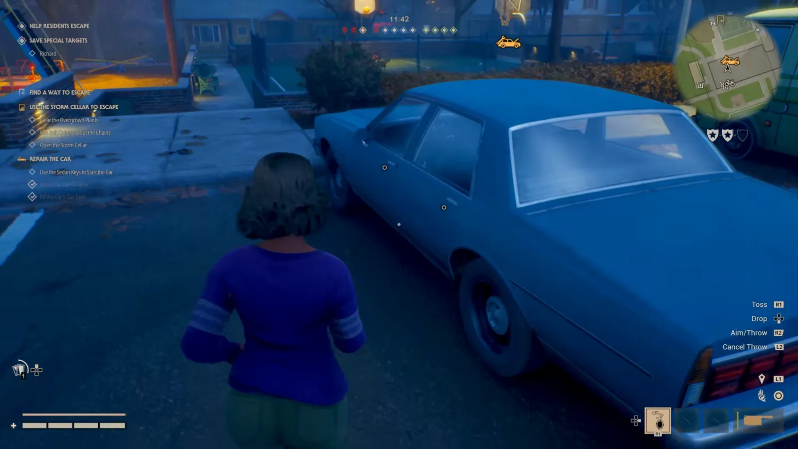 Close side view of the escape sedan as the Repair the Car objective asks for the sedan keys, engine repair and a filled gas tank