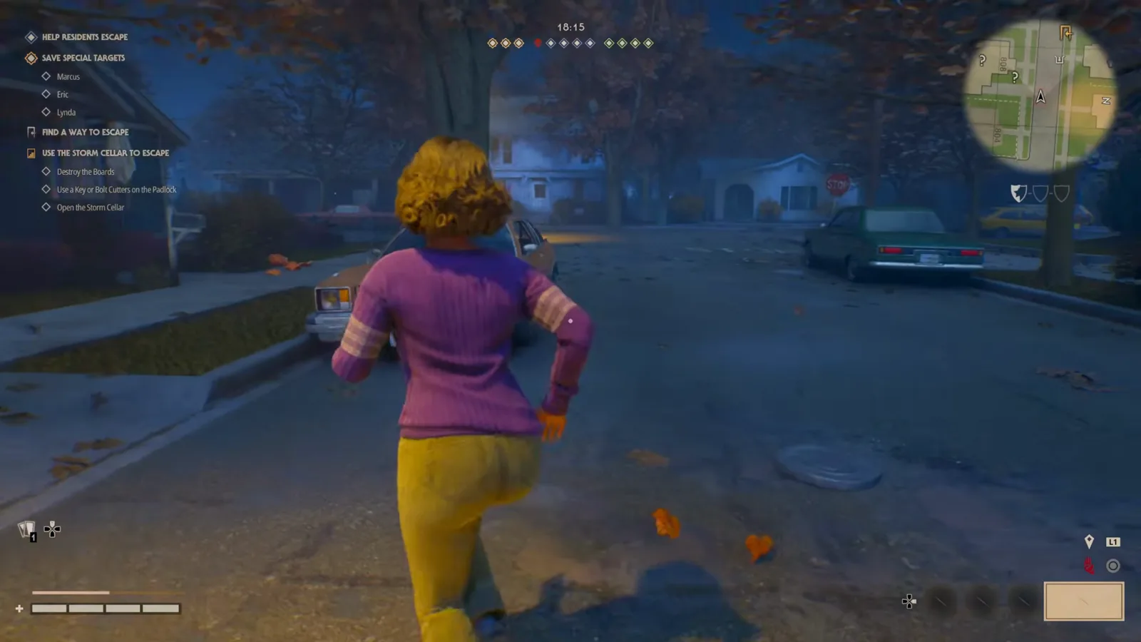 A Civilian running down a residential block at dusk past parked sedans on both kerbs and a faded STOP sign at the junction
