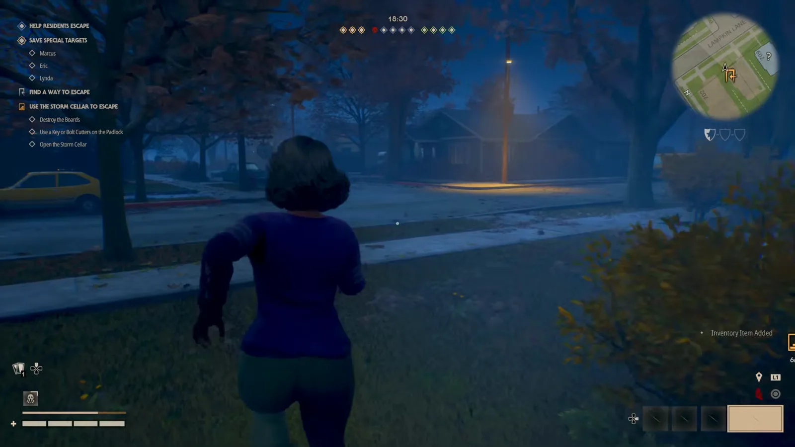 A Civilian crossing a dewy front lawn toward a lit Haddonfield Heights house on a foggy street, a yellow car parked at the kerb