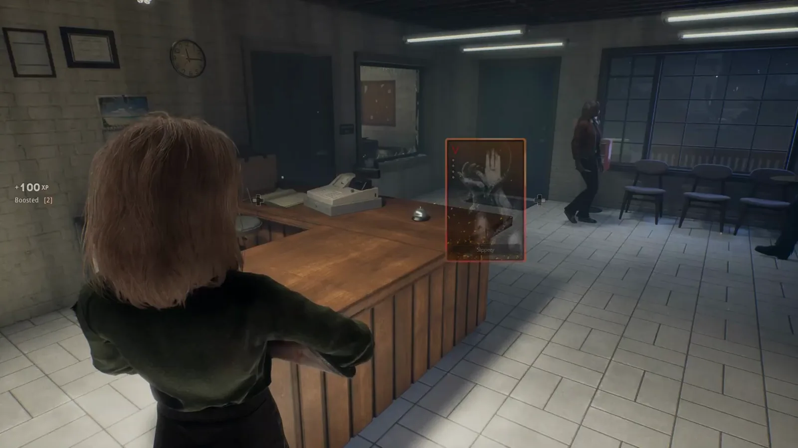 A Halloween: The Game live match HUD with a translucent rarity V Slippery Perk Card overlay displayed beside a Civilian inside the Haddonfield police station
