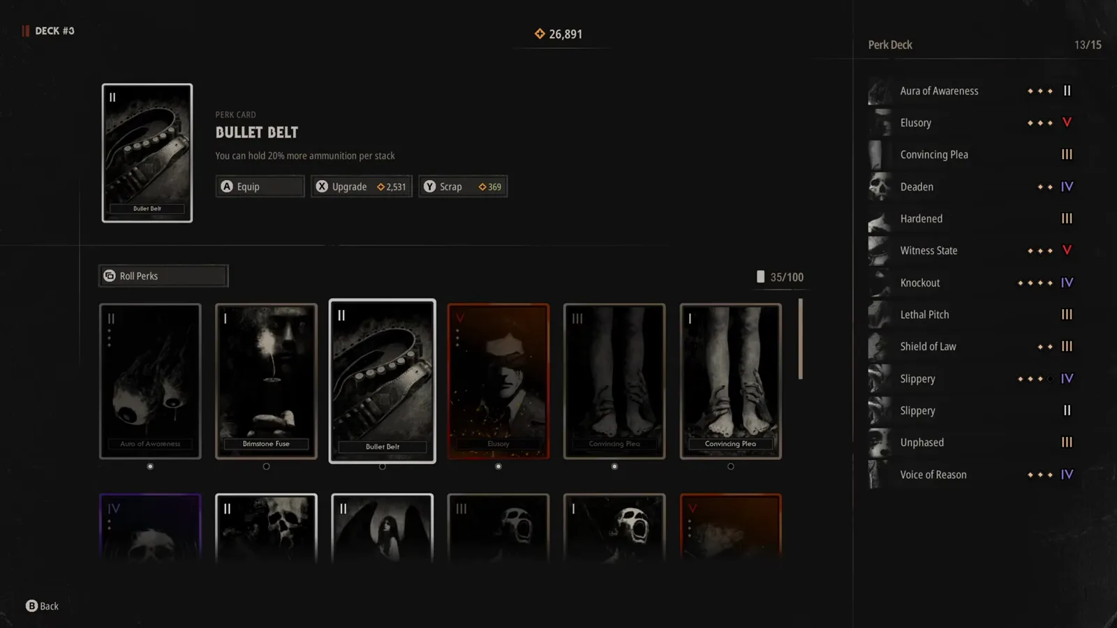 The Halloween: The Game Bullet Belt Perk Card detail pane reading You can hold 20% more ammunition per stack with Equip, Upgrade costing 2,531 Perk Points and Scrap returning 369