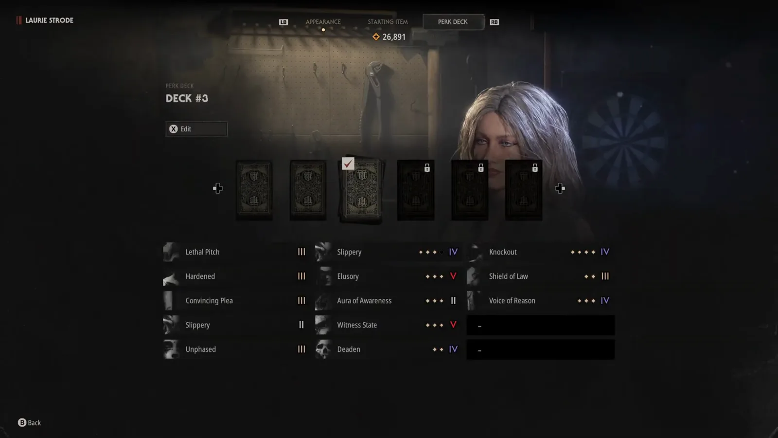 The Halloween: The Game DECK #3 Perk Deck screen for Laurie Strode listing thirteen equipped cards across fifteen slots with two padlocked deck pages and a 26,891 Perk Point balance