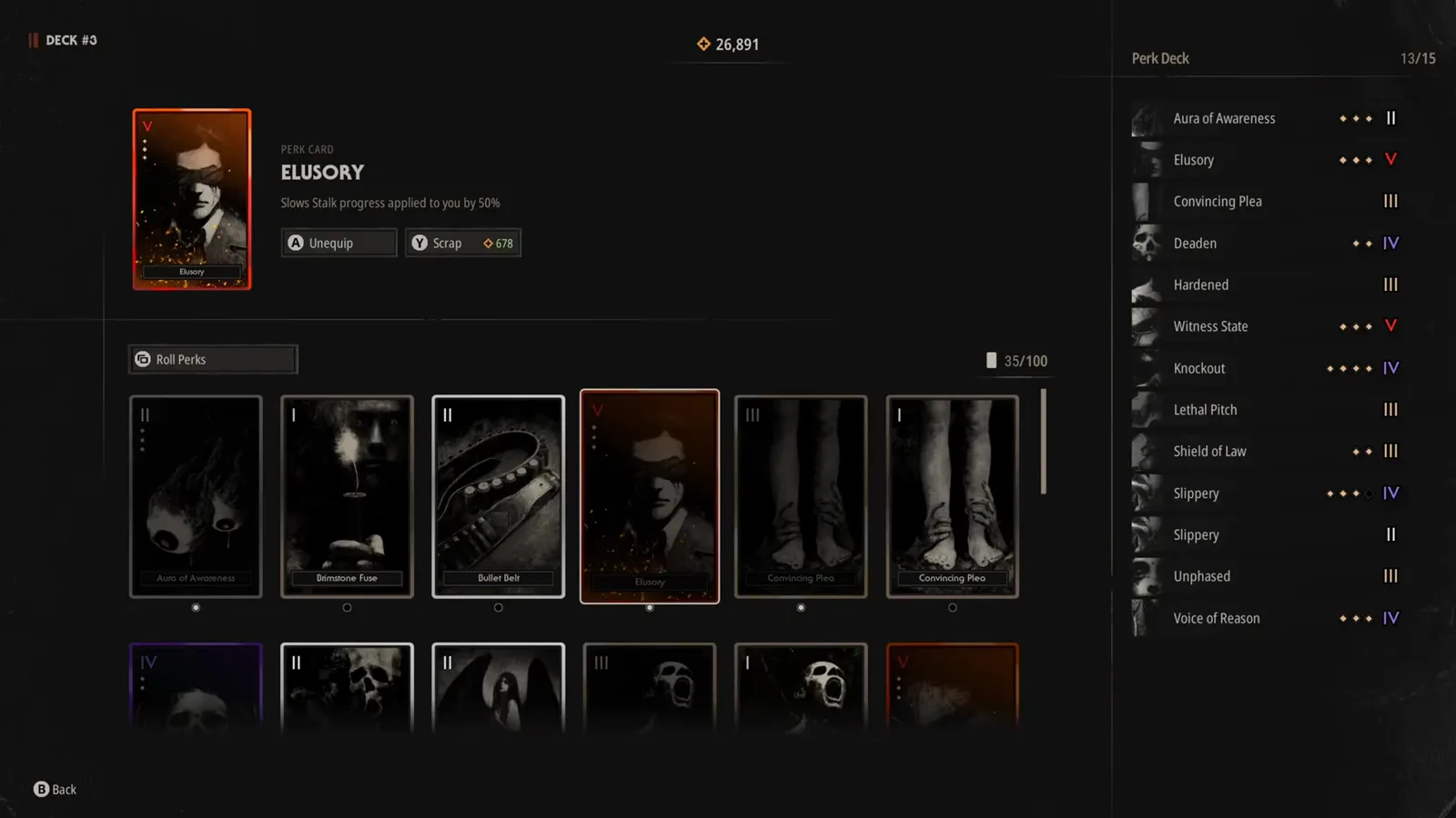 An Elusory Perk Card selected in the Halloween: The Game deck menu, its description reading Slows Stalk progress applied to you by 50% with Unequip and Scrap 678 buttons on a level V card
