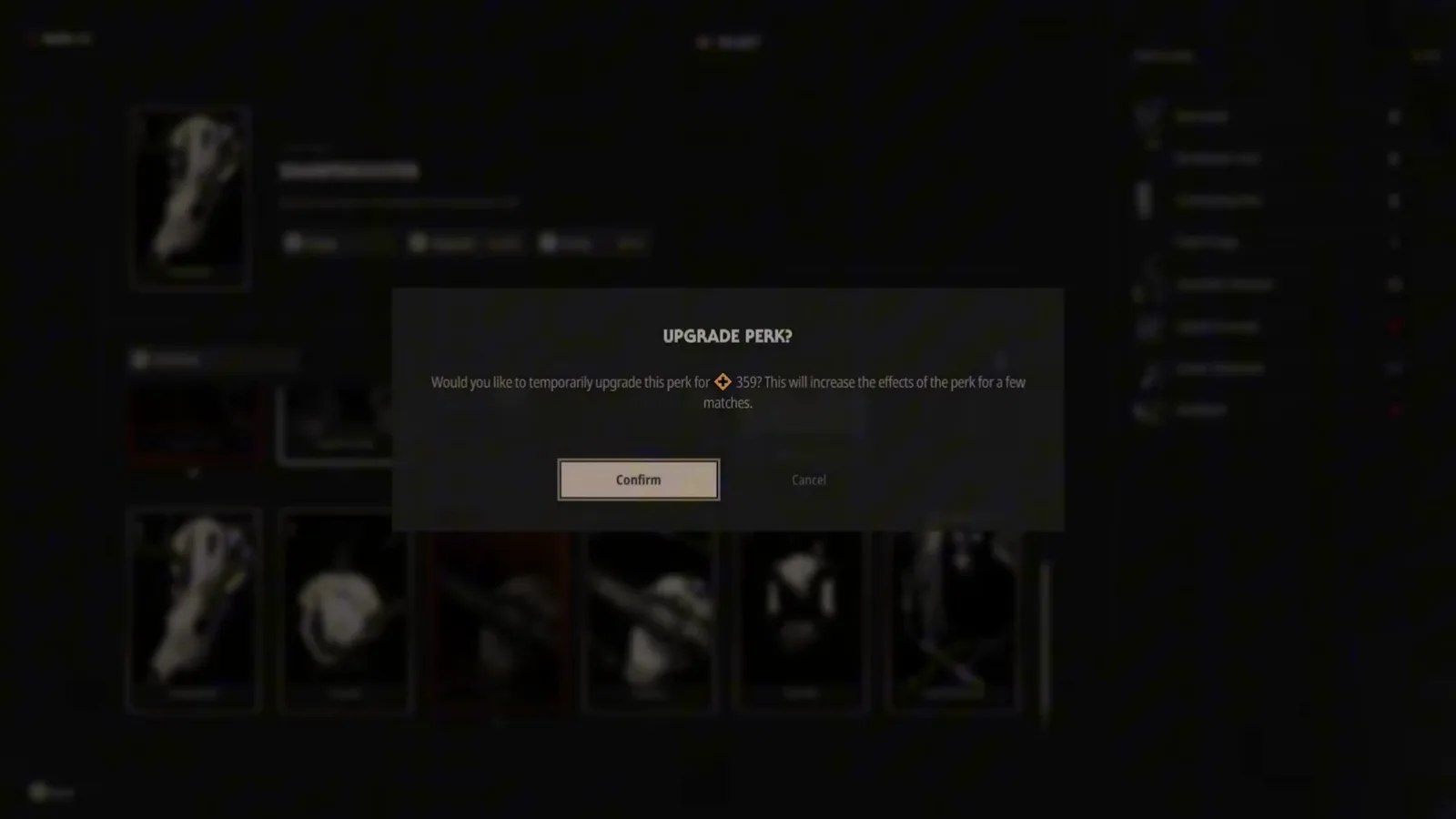The Halloween: The Game UPGRADE PERK? confirmation dialog asking whether you want to temporarily upgrade the perk for 359 Perk Points with Confirm and Cancel buttons