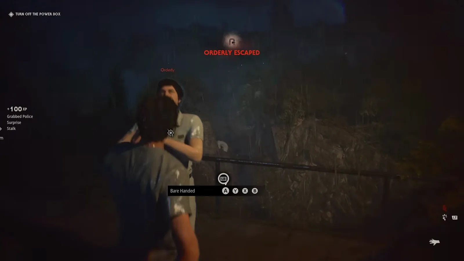 Michael Myers holding an orderly from behind with the Bare Handed execution wheel open and a 100 XP Grabbed Police, Surprise and Stalk stack on the left