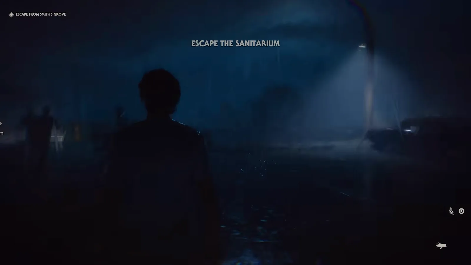 Halloween: The Game Prologue HUD showing the ESCAPE FROM SMITH'S GROVE objective line and the ESCAPE THE SANITORIUM banner over Michael Myers in a patient gown