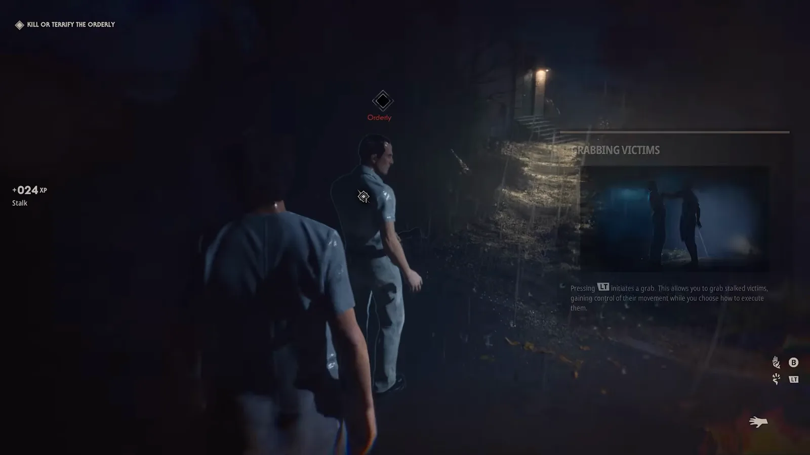 Halloween: The Game objective KILL OR TERRIFY THE ORDERLY with the GRABBING VICTIMS tutorial card and a Stalk XP line as Michael closes on an orderly