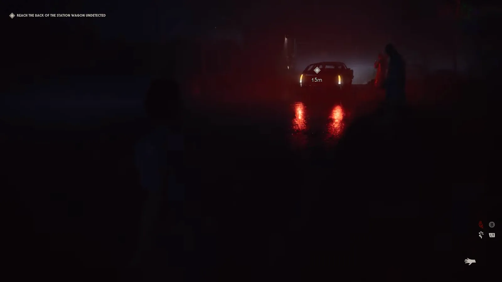 Michael Myers approaching the red tail lights of a station wagon under the REACH THE BACK OF THE STATION WAGON UNDETECTED objective in the Halloween: The Game Prologue finale