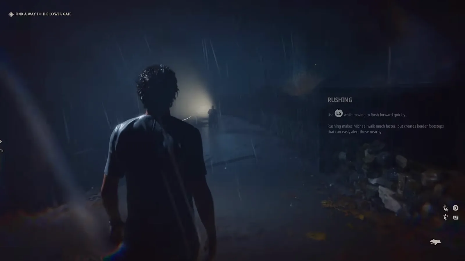 Halloween: The Game RUSHING tutorial card warning that rushing creates louder footsteps that can alert those nearby, over the Find a Way to the Lower Gate objective