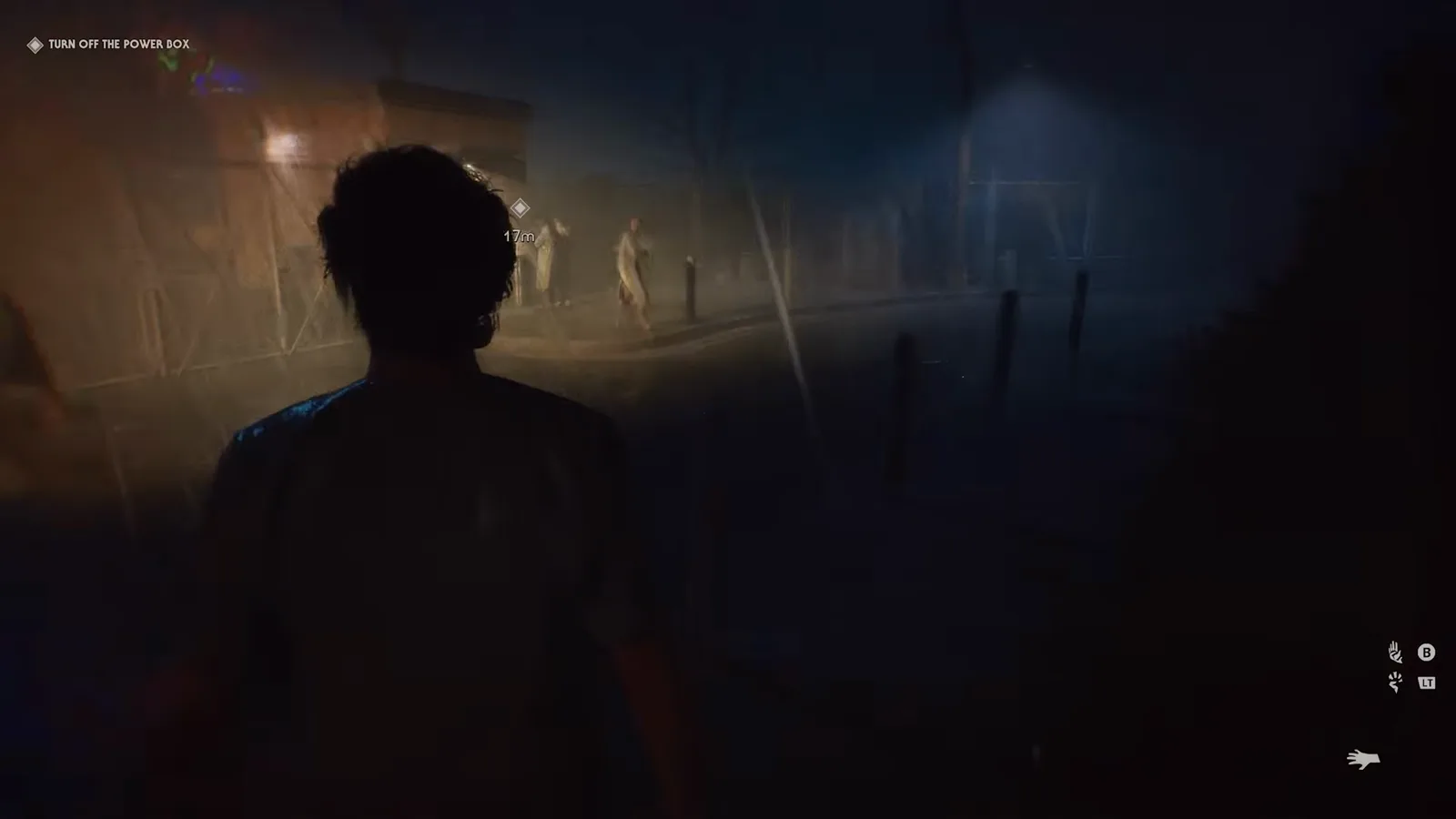 Halloween: The Game Turn Off the Power Box objective glowing over the lit Smith's Grove fence line where the telephone-pole execution landmark also stands